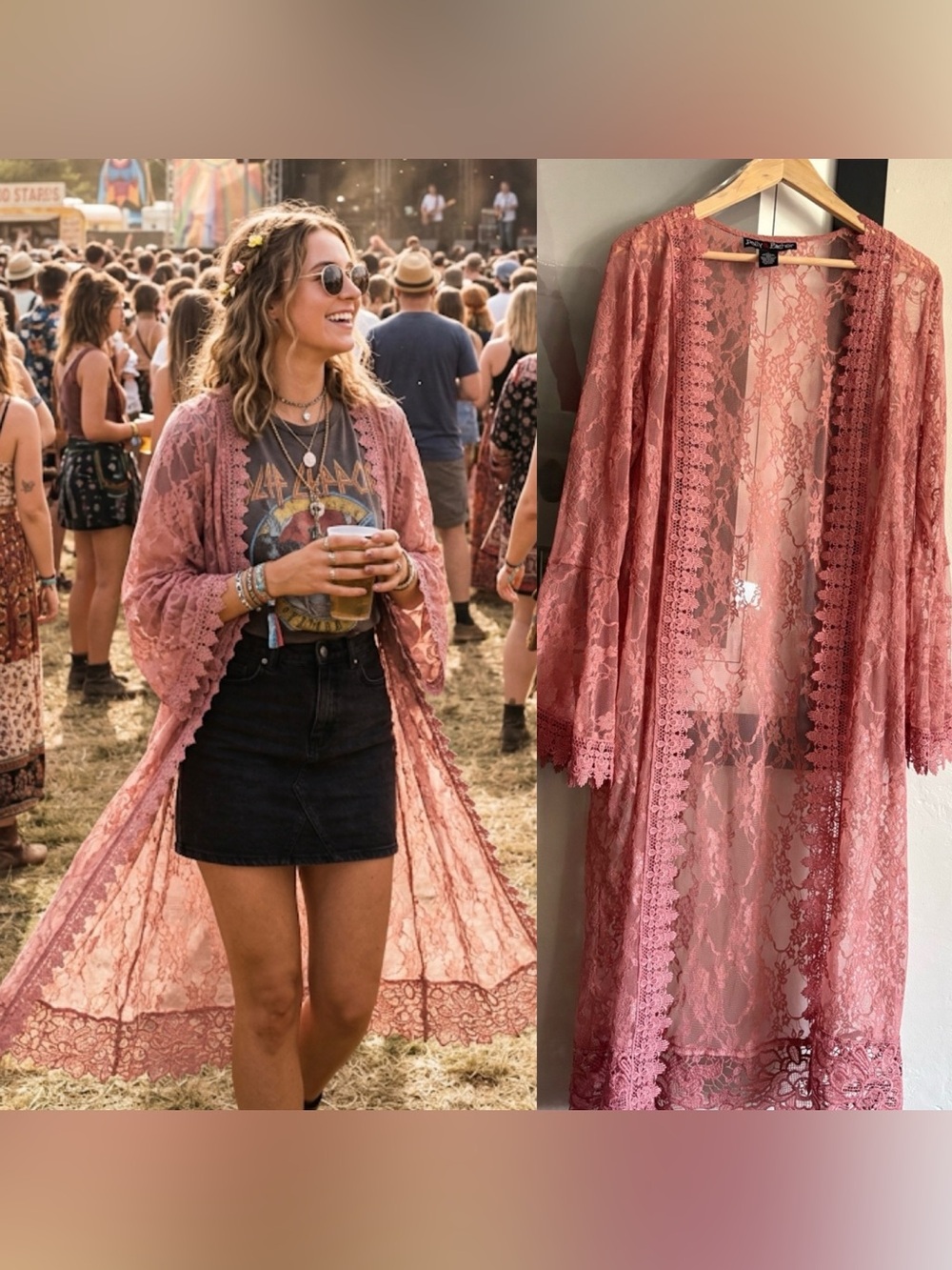 VINTAGE sheer Lace Duster Kimono in Dusty Rose